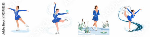 Set of four elegant female figure skaters in blue costumes, performing various artistic poses on ice, showcasing grace and artistry in winter sports.
