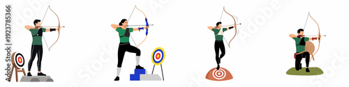 Diverse Archery Illustrations: Archers Aiming at Targets, Showcasing Focus, Precision, and Sportive Skill.