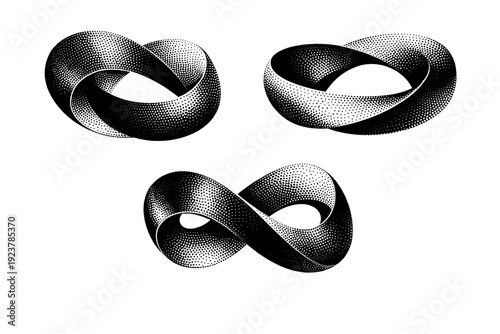 Abstract geometric shape Mobius strip, a twisted continuous surface with a single edge and smooth transitions depicted as the same object in