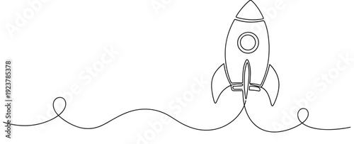 Continuous line drawing of a rocket launching into the sky. No editable stroke