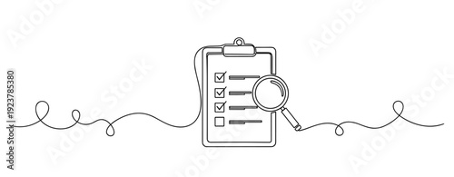 Continuous line drawing of checklist with magnifying glass on white background. No editable stroke