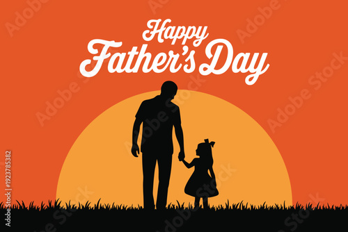 Father and little girl holding hands in front of orange sunset  happy fathers day