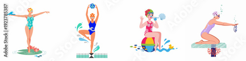Vibrant illustrations of women enjoying water activities: artistic swimming, playful pool fun, and active sport with dynamic splashes and marine elements.