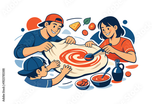 Family cooking time. Hands stretching pizza dough together, tomato sauce swirling in smooth