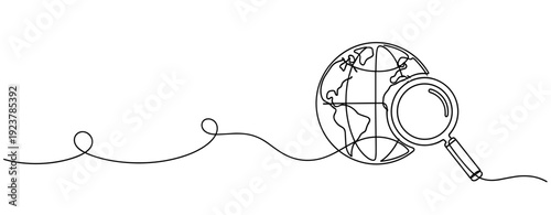 Global exploration concept with magnifying glass and earth in continuous line art. No editable stroke