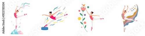 Elegant ballet illustrations featuring four graceful ballerinas in dynamic poses with abstract artistic elements, colorful details, and a modern aesthetic.