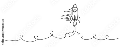 Continuous line drawing of rocket launching with trailing smoke path. No editable stroke