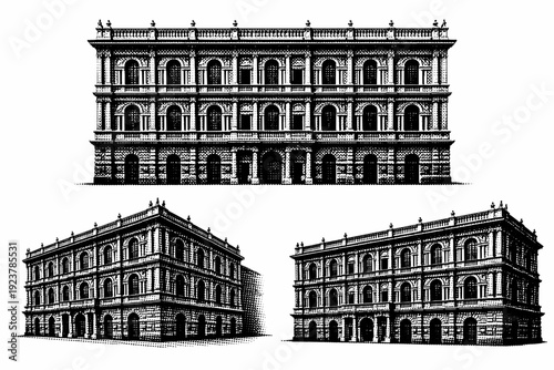 Historic building facade renaissance palace facade. A grand historic palace facade with horizontal layers, arched windows, decorative
