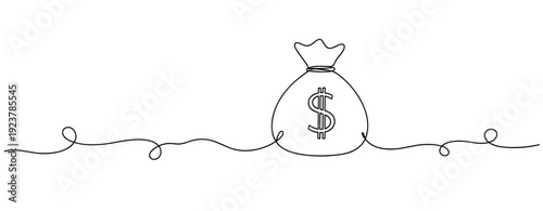 Minimalist continuous line drawing of money bag with dollar symbol. No editable stroke