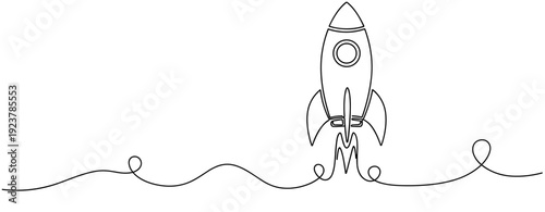Continuous line drawing of rocket launching with swirls. No editable stroke