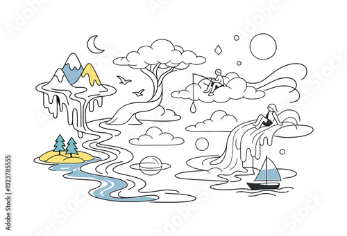 Surreal environmental art: melting landscape harmony. Mountains flowing like liquid into