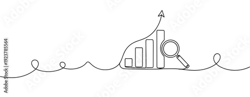 Continuous line art of business growth with magnifying glass and rising bar graph. No editable stroke