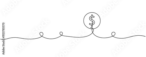 Continuous line illustration of dollar coin rising on a growing investment graph. No editable stroke