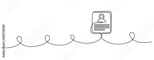 Continuous line drawing of a profile card floating on abstract waves. No editable stroke