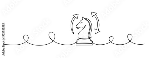 Minimalist outline of a knight chess piece with arrows highlighting movement on white background. No editable stroke