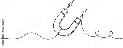 Outline drawing of horseshoe magnet with electric sparks and coil wire. No editable stroke