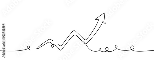 Continuous line drawing of ascending growth arrow on white background. No editable stroke
