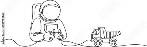 One continuous line drawing of astronaut playing dump truck radio control in moon cosmic galaxy. Outer space hobby and lifestyle concept. one line Icon drawing
