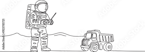 One continuous line drawing of astronaut playing dump truck radio control in moon cosmic galaxy. Outer space hobby and lifestyle concept. one line Icon drawing