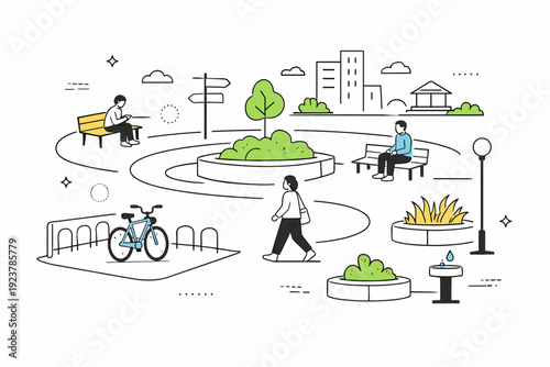 Underused urban infrastructure. A city plaza with well-designed features like bike racks, planters, and pathways, yet sparsely populated. Public investment