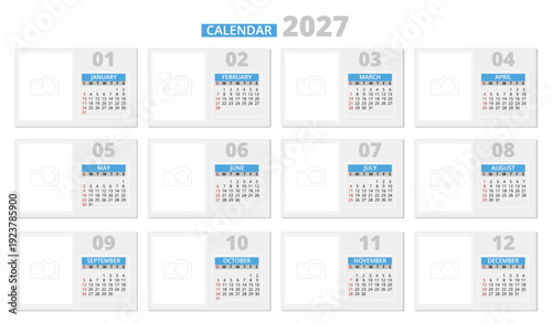 Yearly wall calendar pages. Simple design with place for images or photos, corporate and business monthly planner, minimalistic design templates qualitative vector organizer time management set