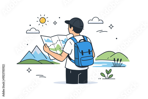 Maps without destination. A person holding a folded paper map in a natural landscape with no labels or signs, simply pausing. Open-ended movement and
