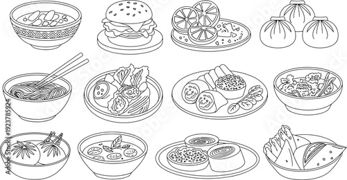Various food and dishes illustrations including burgers noodles and sushi rolls on plates