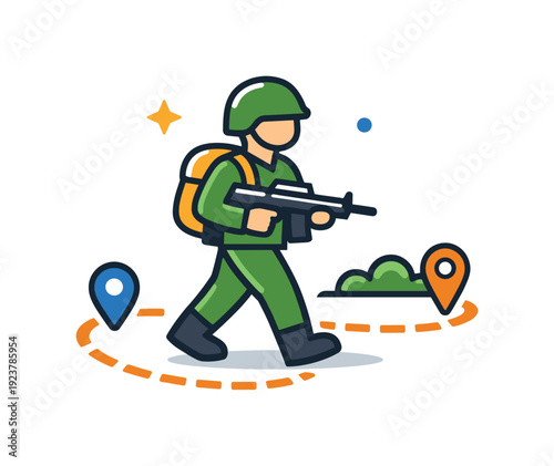 Cartoon soldier with rifle and backpack walking along a dotted path with map pins