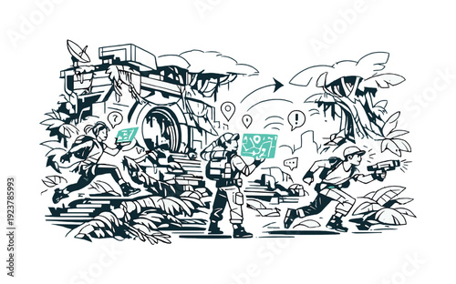 A futuristic ruin reclaimed by jungle. Moss, vines, and massive trees envelop advanced