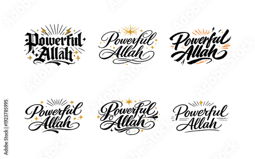 Powerful Allah. Create a calligraphy lettering illustration of the phrase: Powerful Allah.