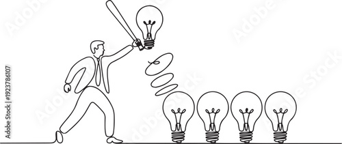 Single one line drawing a businessman holds a lightbulb and swings it at 4 lightbulbs in a row. Symbolism of throwing opinions. National Creativity Day. one line Icon drawing