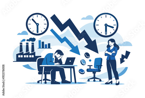 Economic slowdown. Factories and offices running at low capacity, clocks and falling arrows