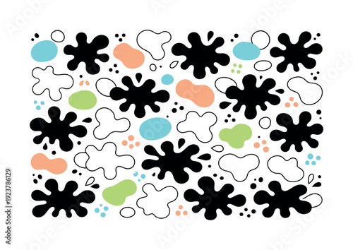 Ink blot patterns. Organic ink blot shapes arranged in a calm repeating pattern, balancing randomness and structure. Modern abstract mood,
