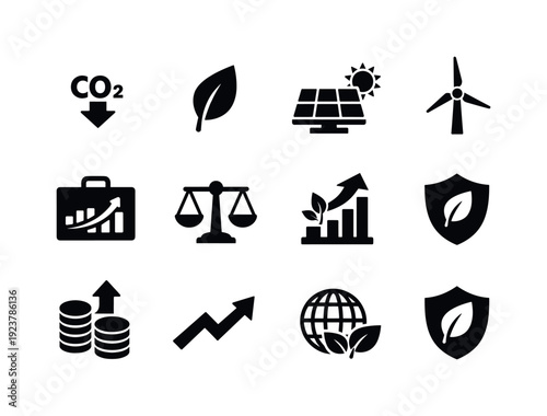 Carbon neutral investment. Filled icon set of Carbon neutral investment: CO2 reduction icon,