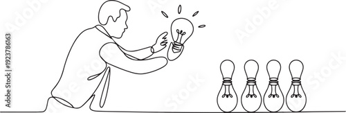 Single one line drawing a businessman holds a lightbulb and swings it at 4 lightbulbs in a row. Symbolism of throwing opinions. National Creativity Day. one line Icon drawing