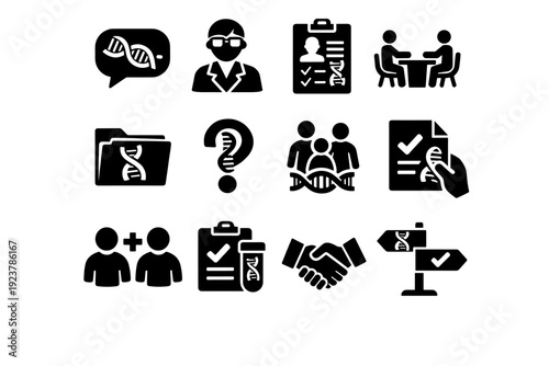 Genetic Counseling. Solid icon set of Genetic Counseling: DNA conversation bubble, counselor icon, patient chart, consultation desk, report folder, question