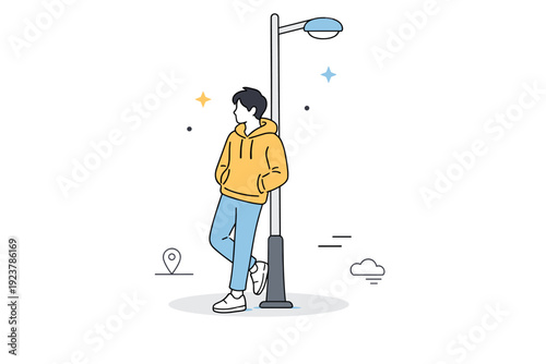 People resting against structures. A person leaning against a streetlight pole, one foot slightly lifted, waiting without urgency. The mood is neutral,