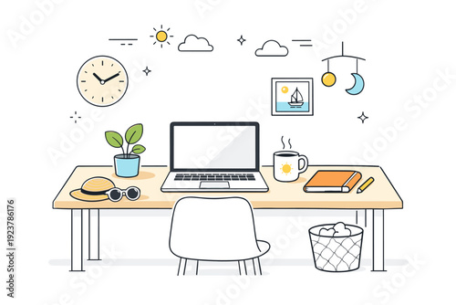 Clean summer home office aesthetic. A tidy desk with a laptop and minimal accessories, surrounded by open space and gentle sunlight. The