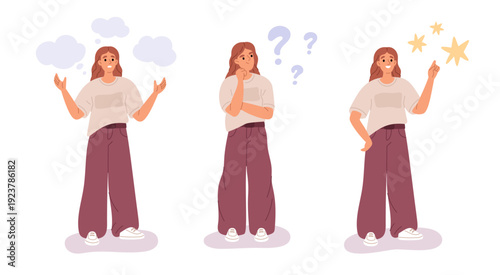 Thoughtful girl solves problem. Female character in three states, finding idea, reflection, insight symbol, creative woman, human with thought bubbles garish vector cartoon isolated concept