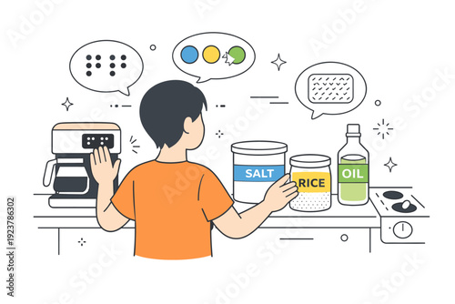 Multi-sensory kitchen cues. Person following tactile and visual labels on containers and appliances, with soft floating icons of braille, color indicators, and
