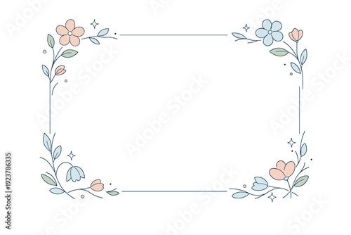 Fine line floral rectangle. Minimal flowers connected by thin stems forming a neat rectangular frame. Calm elegance, modern simplicity, and soft botanical
