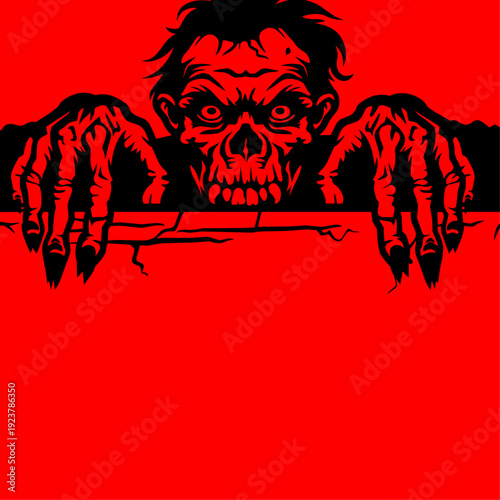 Zombie Monster Peeking Over Wall Red Background Scary Creature With Sharp Claws Horror Undead Character Creeping Halloween Spooky Illustration Vector Art For Poster Graphic Design