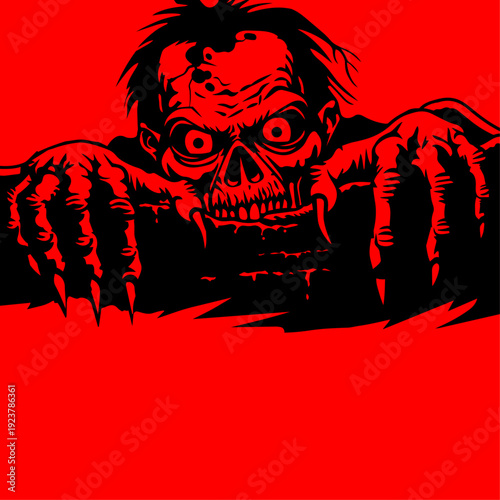 Zombie Monster Crawling Over Wall Red Background Scary Creature With Sharp Claws Horror Undead Character Creeping Halloween Spooky Illustration Vector Art For Poster Graphic Design