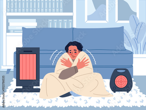 People freezing in room. Sad guy, shivering from cold, wrapped in blanket and trying to keep warm, electric heaters devices, indoor winter scene, classy vector cartoon isolated concept