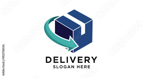 Abstract blue delivery box icon featuring a sweeping teal circular arrow symbolizing fast global shipping and efficient logistics services for business branding concepts.