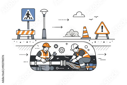 Public works maintenance. Workers repairing pipes or cables beneath simple street elements and signage. Editorial illustration expressing reliability, care,
