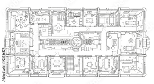 Detailed architectural blueprint showcasing the intricate layout of a large building with multiple rooms and corridors.