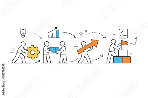 People as part of processes. Simplified human figures moving objects through arrows and paths, symbolizing progress and cooperation. Smooth motion and clarity