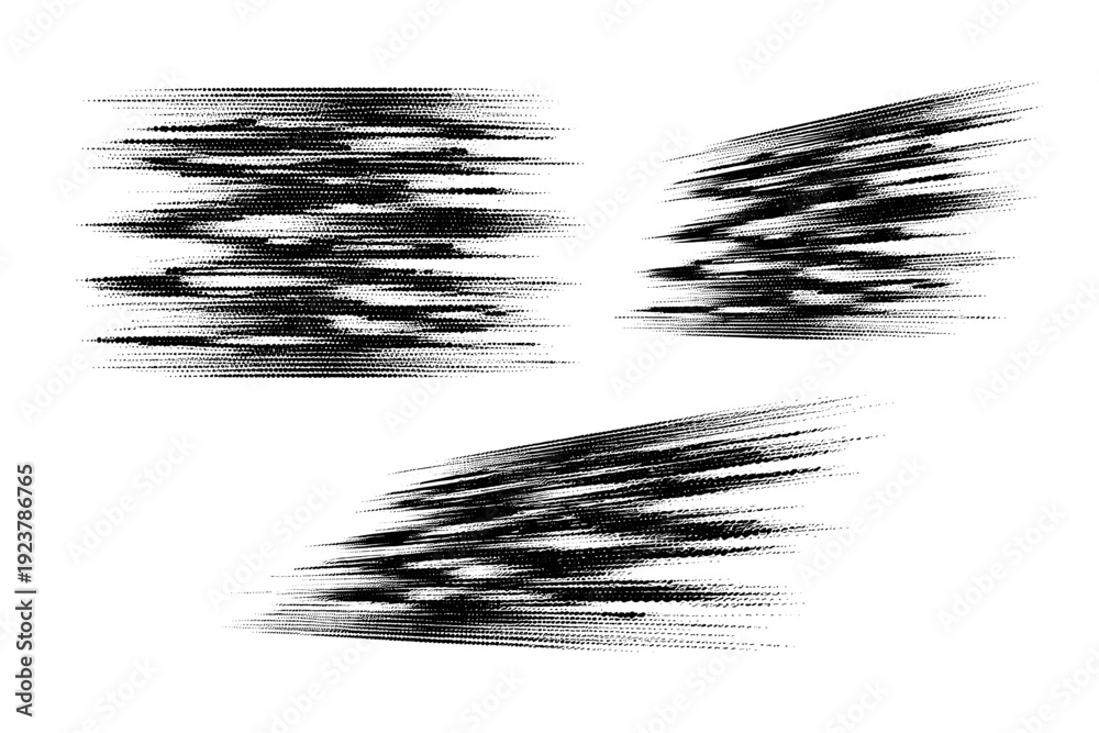 Obraz premium Halftone scanline glitch overlay A scanline-based glitch overlay shown in front view, angled view, and three-quarter view with interrupted dot bands. Black and