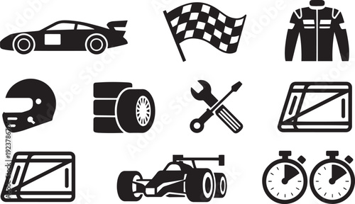 Collection of racing themed icons and symbols isolated on transparent background